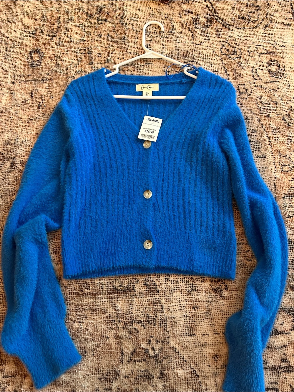 Jessica Simpson Blue Fuzzy V-Neck Button Cardigan Sweater